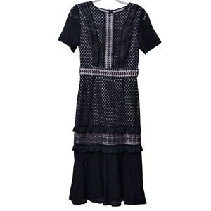 NWT True Decadence All-over Frill Lace Overlay black Tiered midi dress size 12